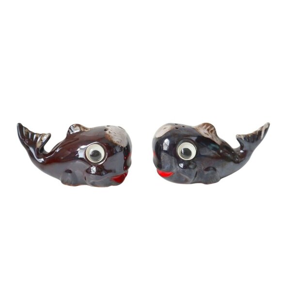 Vintage Whale Salt & Pepper Shakers Made of Redware Pottery Googly Eyes Japan - Picture 2 of 4